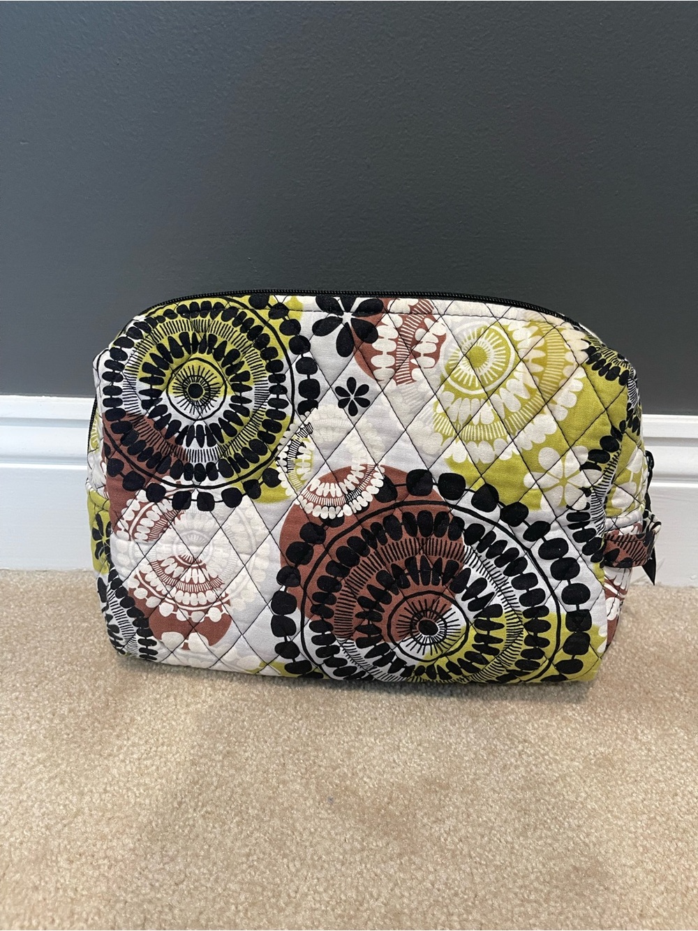 Vera Bradley Quilted Floral Circle Cosmetic Bag - Olive, Brown & Black